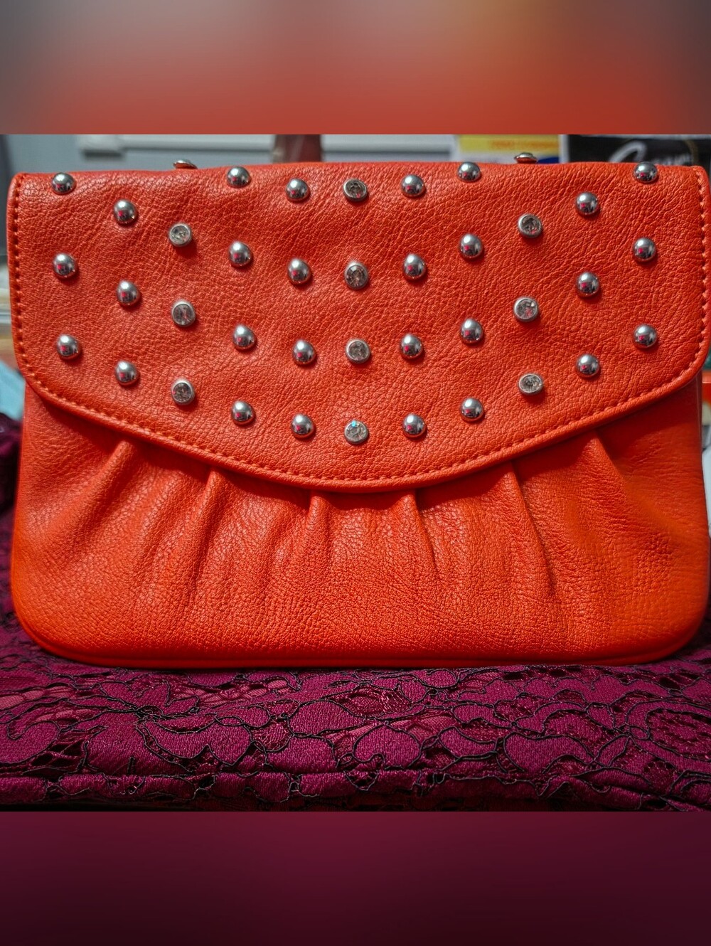 Grace Adele Rare Studded Orange Leather Clutch 7×9" With 24" Strap New No Tag